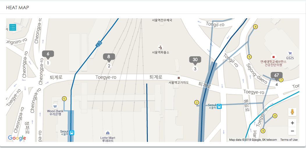 Screenshot from the LBASense Dashboard showing real-time (minute resolution) Crowd Analytics from 4 sensors (numbered from 1 to 4) along the popular touristic Seoullo 7017 bridge in Seoul, Korea, in April 2018.